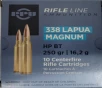 338 Lapua PPU Rifle Line 250 gr  HPBT Hollow Point Boat Tail 10 rnds  Brass M-ID  PP338H UPC  8605003812616