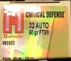 32 Auto Hornady Critical Defense 60 gr  FTX 25 rnds 1000 fps  Brass M-ID  90063 UPC  090255900637