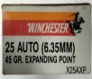 25 Auto Winchester Super-X 45 gr  Expanding Point 50 rnds  Brass M-ID  X25AXP UPC  020892201170