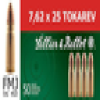 Sellier  Bellot SB762TOK Rifle Training 7 6mmX25mm Tokarev FMJ 85 GR 50Box 30Ca